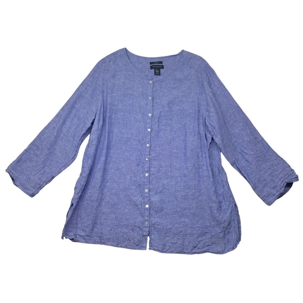 Tahari Linen Button Up Shirt Womens 2X Blue Roll Tab Sleeve Collarless Tunic
